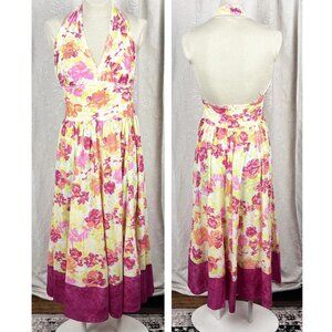 Luna Luz spring floral halter neck maxi dress fit & flare stretch cotton blend L